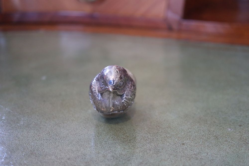 An Edwardian novelty silver mounted pin cushion modelled as a hatching chick, Sampson Mordan & Co